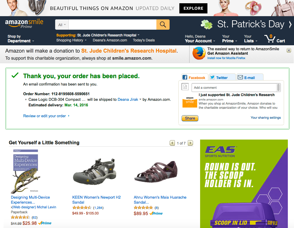 Showing the smile.amazon.com thank you page experience prior, featuring a very subtle banner featuring text that does not meet contrast ratio minimums across the top that differentiates it from the www.amazon.com version