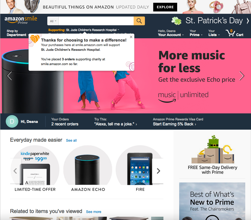 Showing a giant, and illustrated tool tip extending down from the top nav when you land at smile.amazon.com to differentiate it stronger and delightful illustrations