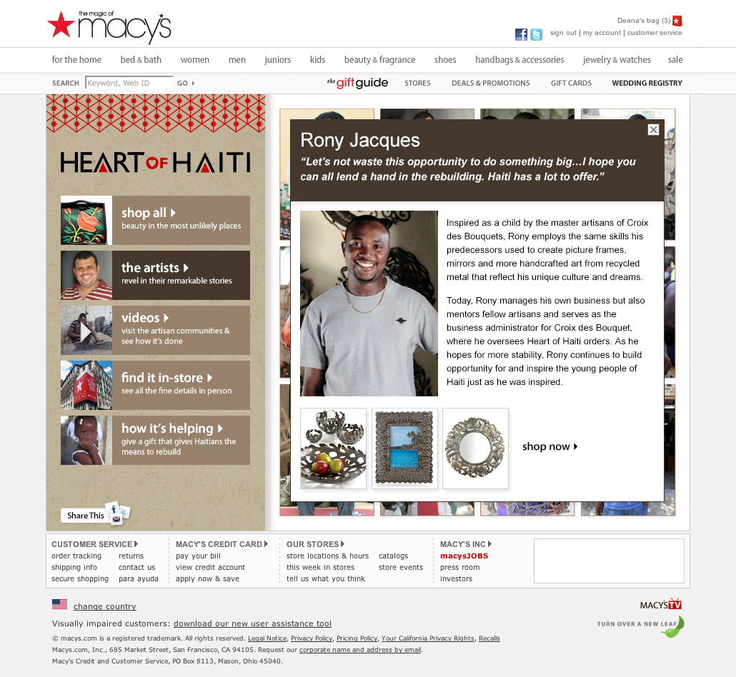 Popup on artist page telling more about the artist and featuring a quote from him