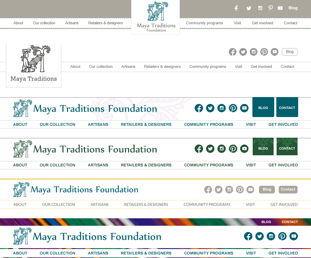 Top nav iterations showing explorations in layout and color