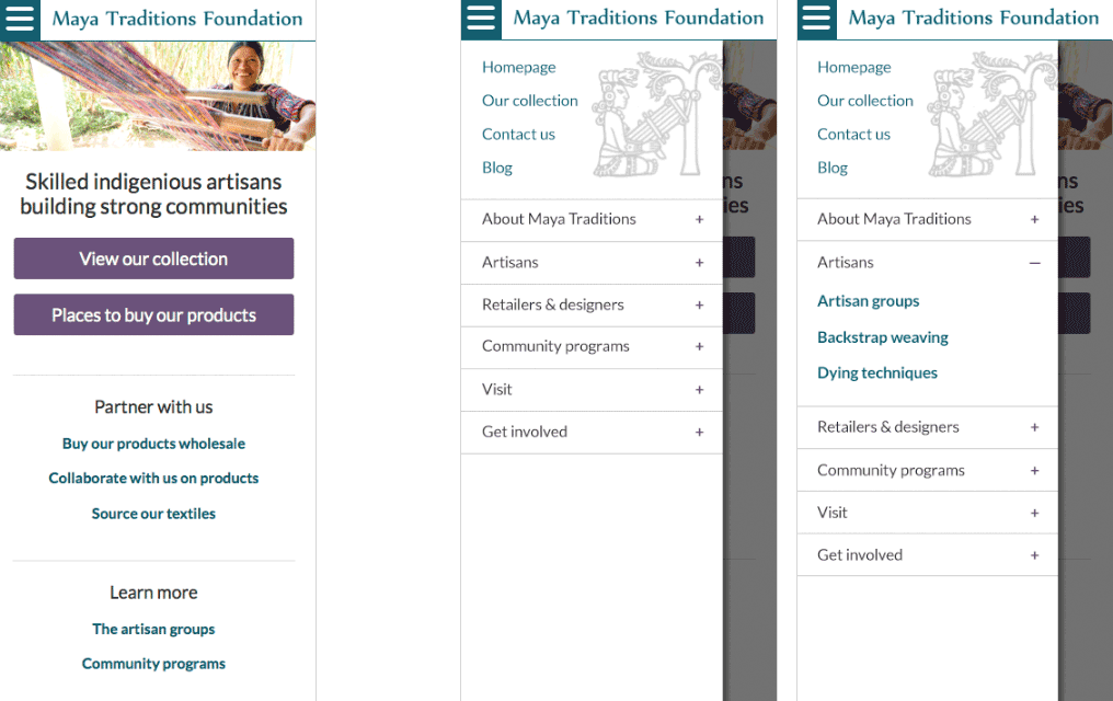 Homepage and menu on mobile