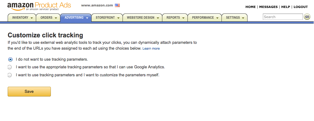 Showing a much simpler redesign, where the seller simply chooses from three radio buttons. The entire page is also renamed to something less technical, Customer click tracking. 